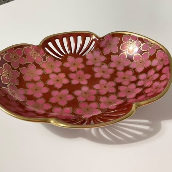 VTG RS Silesia Ruby Oval Handled Bowl With Pink Flowers Gold Trim - Picture 2 of 7
